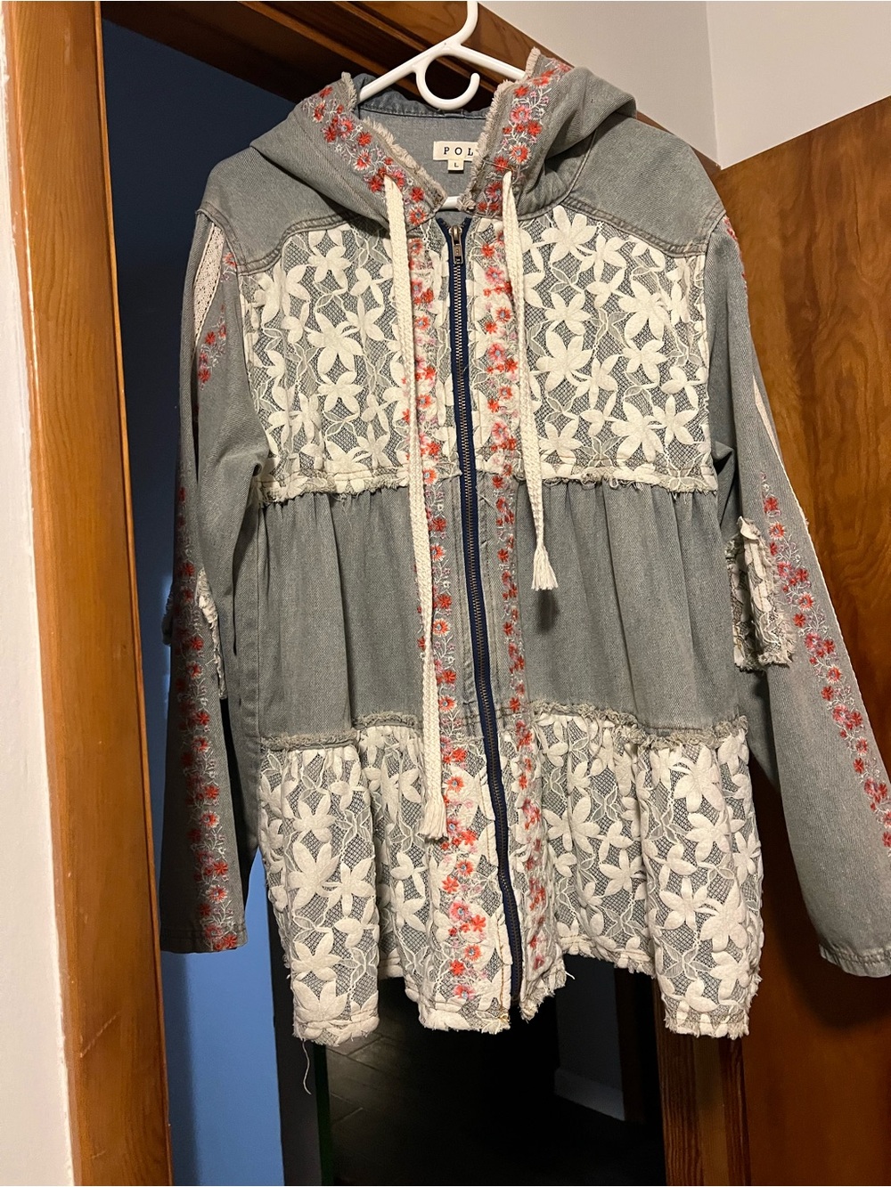 POL Light Gray Denim Hooded Jacket with Floral Embroidery